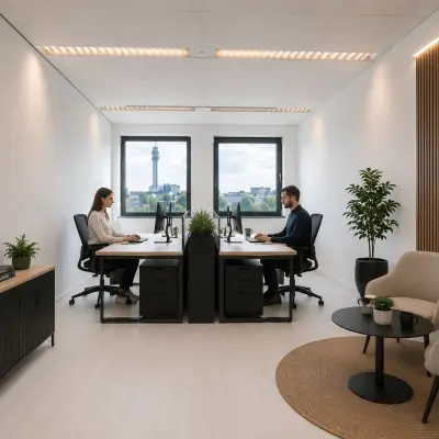 Moderne kantoorruimte huren in Haarlem Waarderpolder, met strakke inrichting, planten en bureauopstellingen. Twee mensen zijn bezig met zakelijke werkzaamheden.