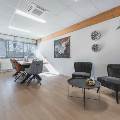 Kantoorruimte te huur aan Steenovenweg 5 in Helmond met een stijlvolle inrichting, waaronder een vergadertafel, stoelen en decoratieve elementen. Grote ramen bieden natuurlijk licht.