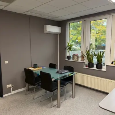 Lichte kantoorruimte op Hamerstraat 10 in Hengelo, met glazen tafel, vijf stoelen en planten voor het raam. Ideaal voor kantoorruimte huren.