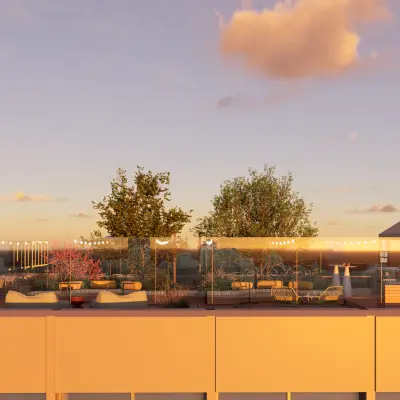 Dak van kantoorpand op Marten Meesweg 101, Rotterdam Alexander, met een uitnodigende openluchtruimte om te huren. Perfect voor zakelijke bijeenkomsten onder de lucht.