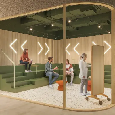 Moderne kantoorruimte huren in Rotterdam Alexander met groene zitgelegenheid en creatieve wanddecoratie. Mensen voeren zakelijke gesprekken en gebruiken laptops in het interieur.