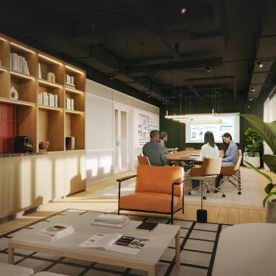 Moderne kantoorruimte huren op Marten Meesweg 101 in Rotterdam Alexander met een gemeubileerd interieur en personen aan het vergaderen rond een tafel.