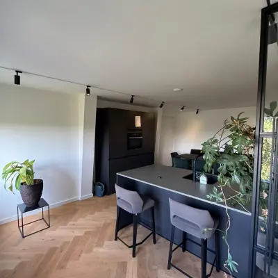 Moderne kantoorruimte met houten vloer in kantoorpand aan het Westplein 12, Rotterdam Centrum, geschikt voor huren. Stijlvol ingericht met zwarte meubels en grote planten.