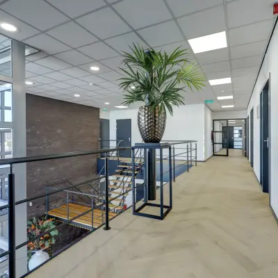 Moderne kantoorruimte huren op Fischerpad 106 in Sittard. Helder interieur, met stijlvolle vloer en plantendecoratie, wachten op de perfecte match voor effectieve vergaderingen en bijeenkomsten.