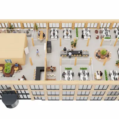 Overzicht van een moderne kantoorruimte op Hondiuslaan 114, Utrecht Papendorp, met diverse werkplekken en vergaderruimtes, geschikt voor kantoorruimte huren.