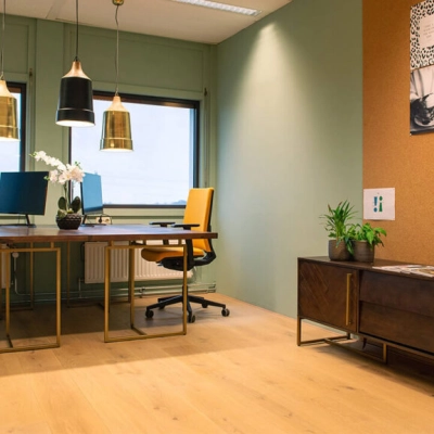 Moderne kantoorruimte met houten vloer en kleurrijke stoelen op Zwartewaterallee 48, Zwolle. Ideaal voor kantoorruimte huren, biedt het pand fijne werkplekken met planten en decoraties die een inspirerende werkomgeving creëren.